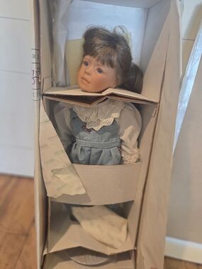 Katrin By Heidi Pluzock Porcelain Doll in Blue Dress with Lace Collar